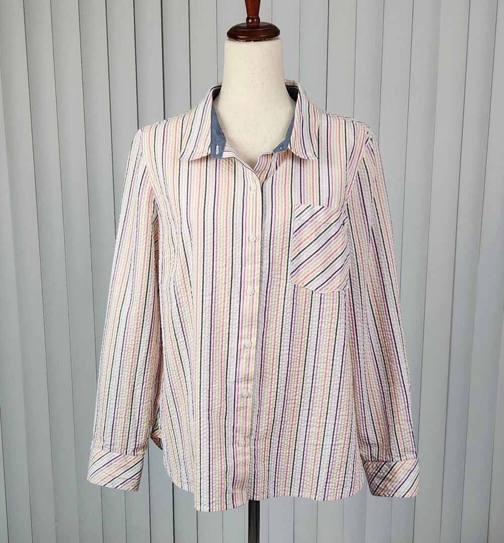 Tommy Hilfiger Seersucker Button Down Shirt Multicolor Stripes Women's Size XL